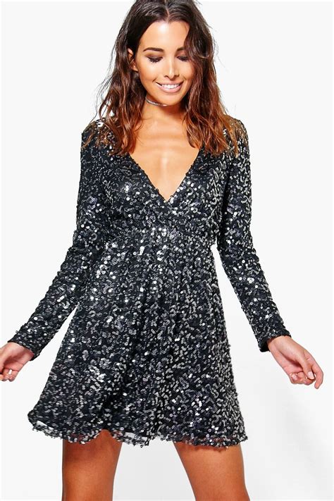 Boutique Sequin Wrap Skater Dress Boohoo Short Sparkly Dresses Black Sparkly Dress Sparkly