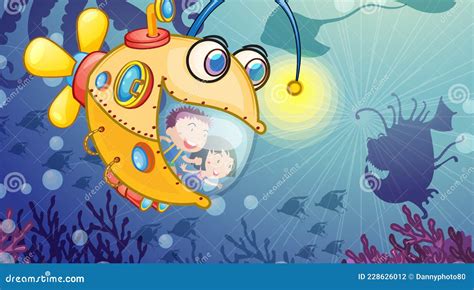 Underwater Scene With Happy Kids In Submarine Exploring Undersea Stock
