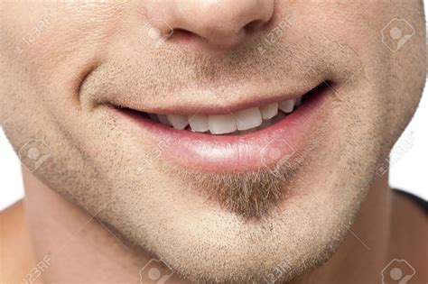 Close Up Image Of Male Lips With A Smile Against White Background Lipsmale Close Up Image Of