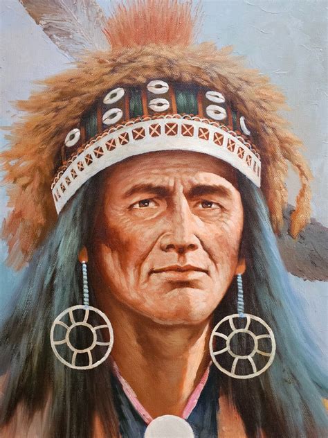 N Thomas Original Oil Painting Native American Indian Chief Headdress