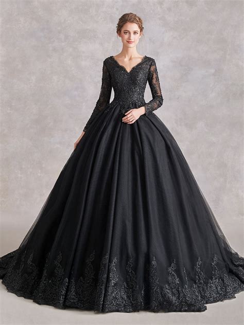 The Luxe Black Wedding Dress Black Ball Gown Long Sleeve Wedding Dress Lace Black Wedding Gowns