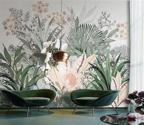 Custom Mural Wallpaper Nordic Hand Painted Tropical Plants Etsy