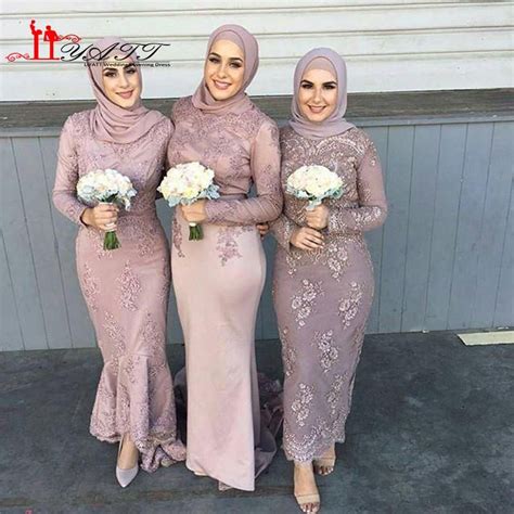 High Quality Satin Long Sleeve Muslim Bridesmaid Dresses With Hijab Lace Applique Sheath