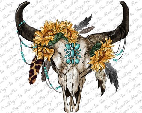 Sunflower Boho Bull Skull Png Sublimation Design Feather Png Etsy