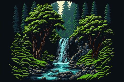 Premium Ai Image Pixel Art Waterfall In The Forest Landscape In Retro