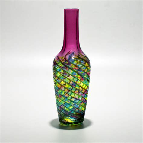 Optic Rib Bottle In Lime Turquoise Cranberry With Cranberry Michael Trimpol Art Glass Vase