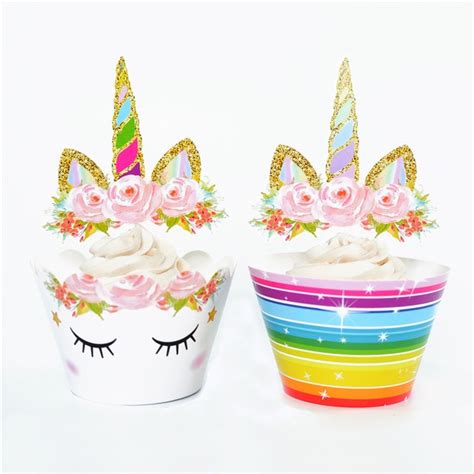 24pcs Bronzing Rainbow Unicorn Cupcake Wrappers Toppers For Kids Party