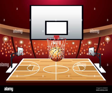 Basketball Sport Poster With Balloon And Basket In Court Vector