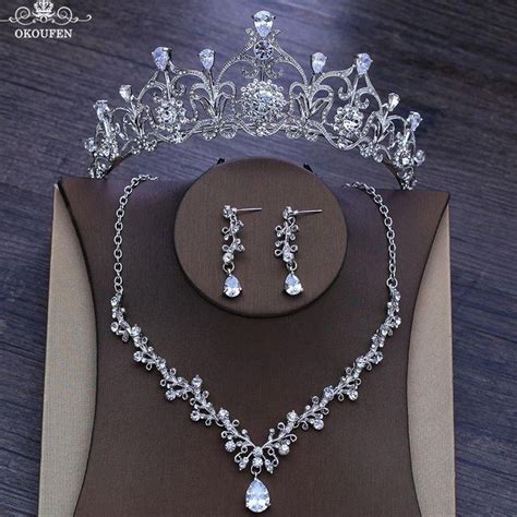 Luxury Diamond Tiaras Silver Women Jewelry Set With Crowns Necklace