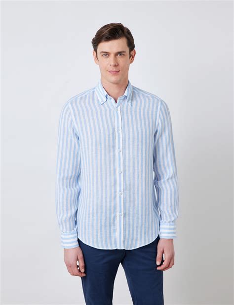 linen stripe relaxed slim fit shirt with button down collar and single cuffs in blue and white