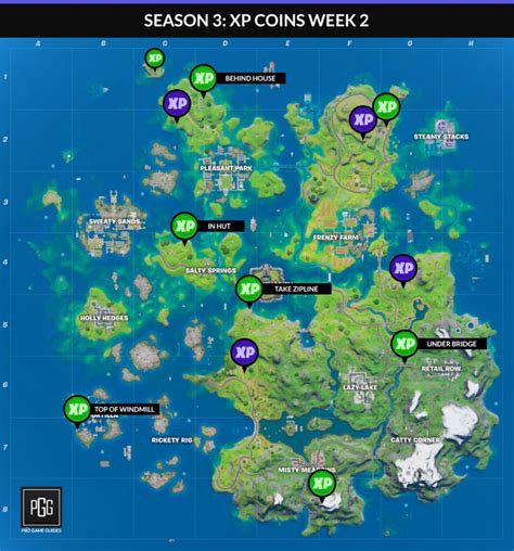 Green coins are worth 5,000 xp, blue coins 6,500, and purple coins shatter into tiny pieces that, if you can pick them all up, end up being worth 10,300 xp. Fortnite Season 3 XP Coin Locations - Maps for All Weeks ...