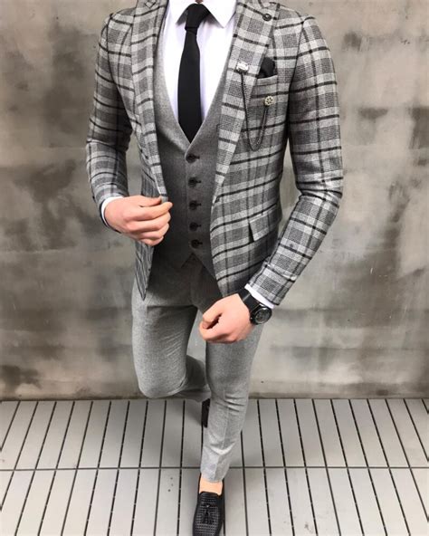 Crofton Gray Slim Fit Plaid Check Wool Suit Bespoke Daily