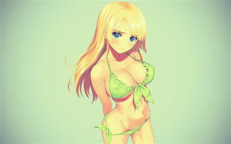 Wallpaper Drawing Illustration Blonde Long Hair Anime Girls Blue Eyes Big Boobs Green