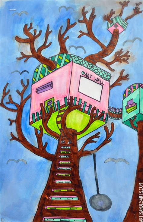 A Drawing Of A Tree With A House On Top And Stairs Leading Up To It