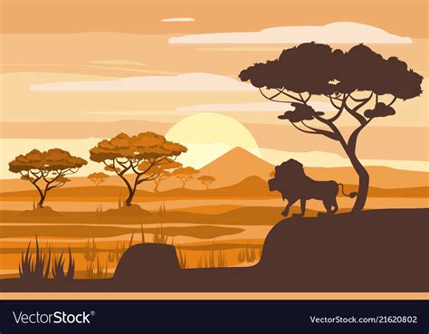 African Landscape Lion Savannah Sunset Royalty Free Vector