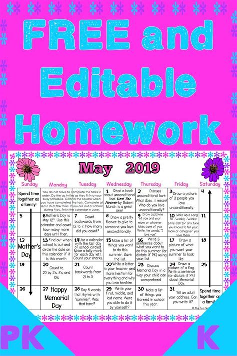 Monthly Homework For Pre K Students Example Calendar Printable