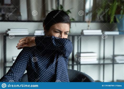 Unhealthy Young Woman Cough Get Infected At Workplace Stock Image