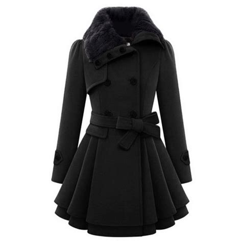 2018 Winter Warm Black Women Blends Trench Coat Vintage Double Breasted