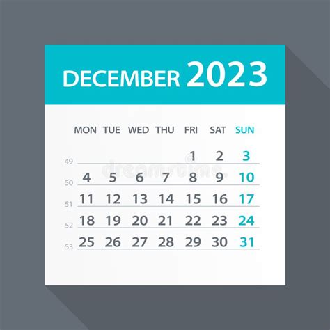 December 2023 Calendar Green Leaf Vector Illustration Week Starts On