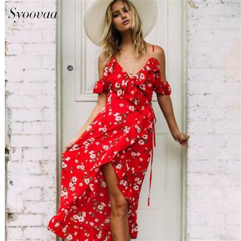 Syoovaa Red Floral Print Wrap Ruffles Midi Dress Women Strap V Neck Split Beach Summer Dress