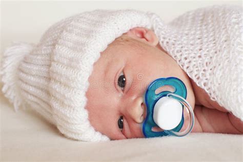 Newborn Baby Boy With Pacifier Stock Image Image Of Positive Little