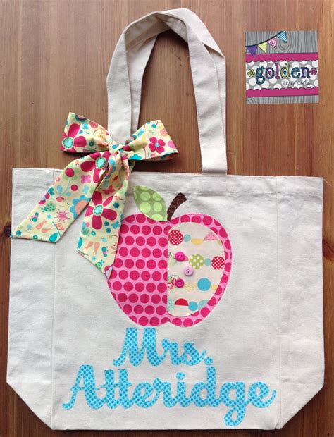 Personalized Name And Apple Teacher Tote Bag With Fabric Bow