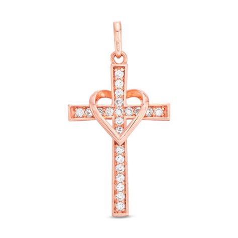 Cubic Zirconia Cross With Heart Necklace Charm In 10k Rose Gold