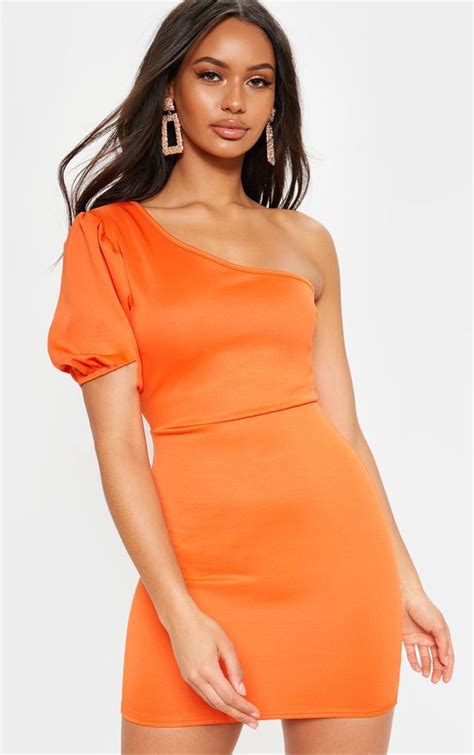 Bright Orange One Shoulder Puff Sleeve Bodycon Dress Bodycon Dress