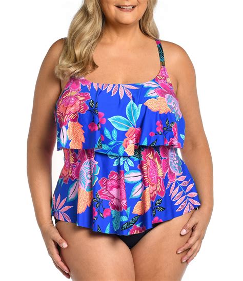 24th and ocean plus size luminous blossom tropical floral scoop neck tiered tankini swim top