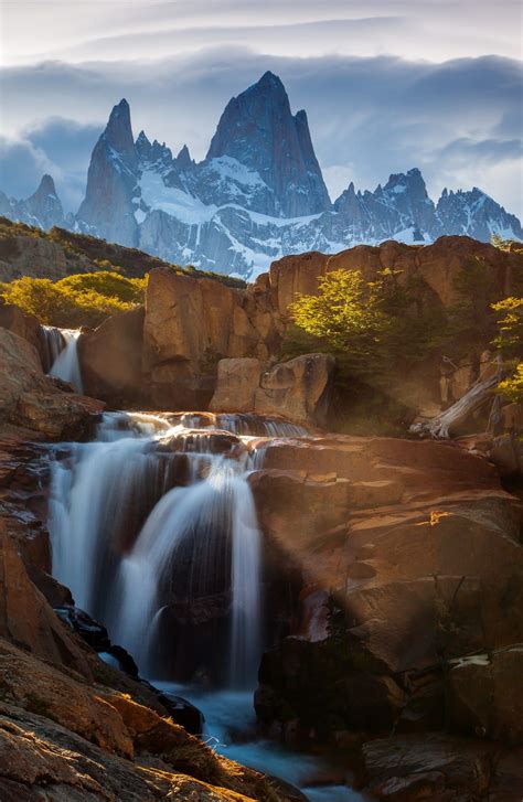 Arroyo Del Salto River Waterfalls With Fitz Roy Mountain In The