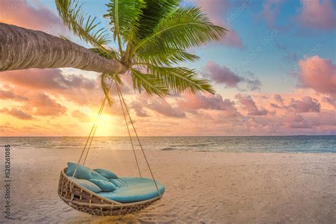 Tropical Sunset Beach Background Summer Island Landscape With Palm