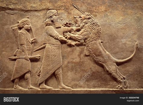 Assyrian Wall Relief Detail Of Panorama With Royal Lion Hunt Old