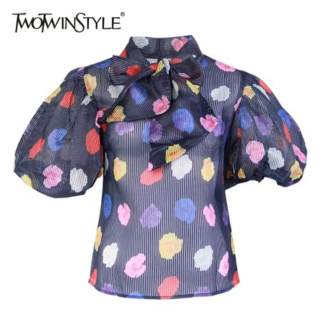 twotwinstyle print polka dot shirts blouse women bowknot lantern short sleeve hit color large