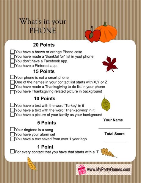 Free Printable Whats In Your Phone Thanksgiving Game Thanksgiving