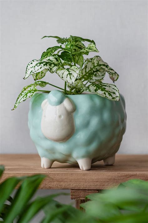 Sheep Ceramic Plant Pot Green Animal Planter Small Plant Pot