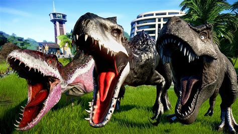 Tyrannosaurus Rex Vs Indominus Rex Vs Indoraptor Jurassic World Evolution Breakout And Fight