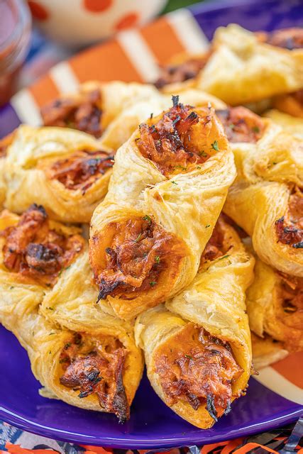Lay 2 peach slices over pork. Pulled Pork Pastry Puffs - Football Friday | Plain Chicken®