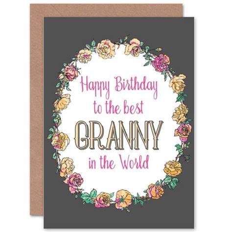 Birthday Happy Granny Gran Word Best Floral Blank Greeting Card With