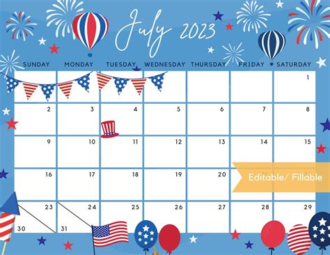July 2023 Calendar Independence Day Patriotic 4th Of July Us Etsy In