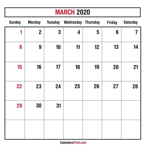 March 2020 Monthly Planner Calendar Printable Free Sunday Start