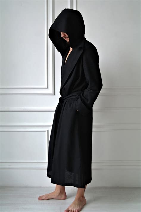 Mens Linen Robe Linen Robe For Men Hooded Black Robe Black Etsy Australia