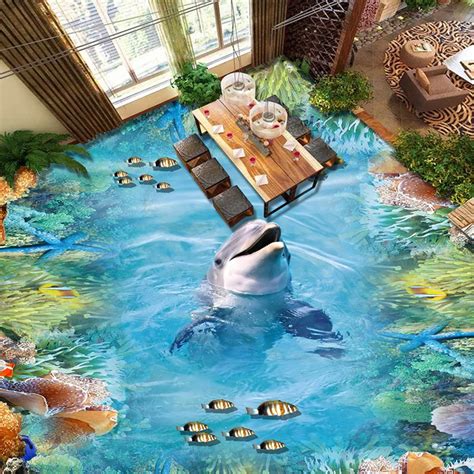 Custom Self Adhesive Floor Mural Dolphins Coral Reefs 3d Floor Tiles
