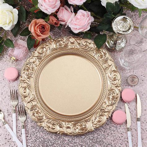 Set Of Round Metallic Gold Plastic Charger Plates With Engraved Baroque Design Rim In