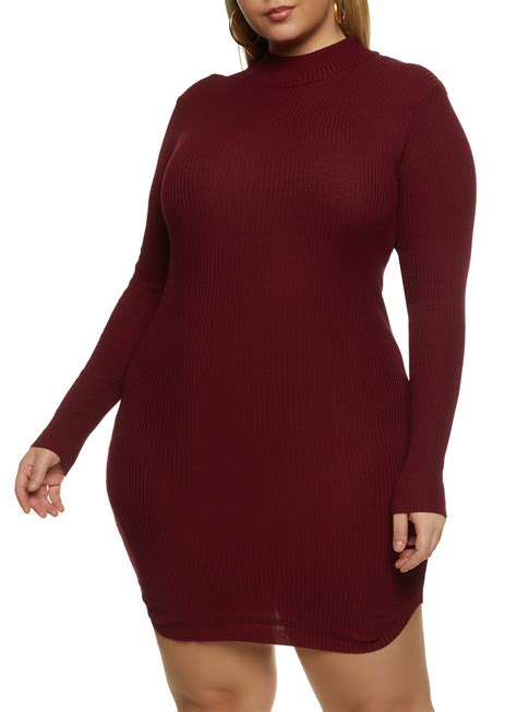 Plus Size Ribbed Knit Mock Neck Sweater Dress