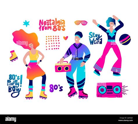 80s Party People Cartoon Gradient Character Set And Lettering