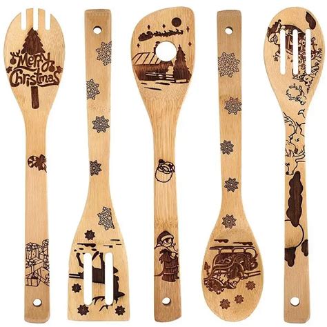 5 Pieces Engraved Bamboo Wood Slotted Spoon Christmas Cooking Nonstick
