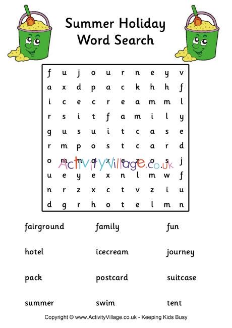 Summer Holiday Word Search Easy
