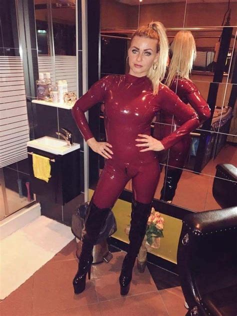 amateur blonde in red latex catsuit latex wear latex fashion latex girls
