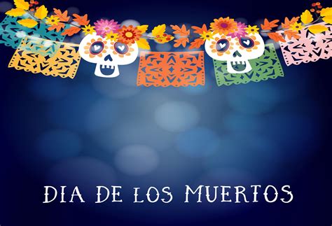 Kate Día De Muertos Dark Blue Bokeh Background With Skull Banner For