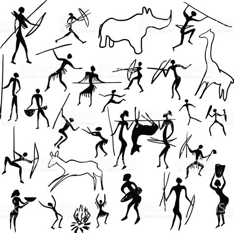 Set Of Vector Rock Paintings With Scenes Of Hunting And Life Cave